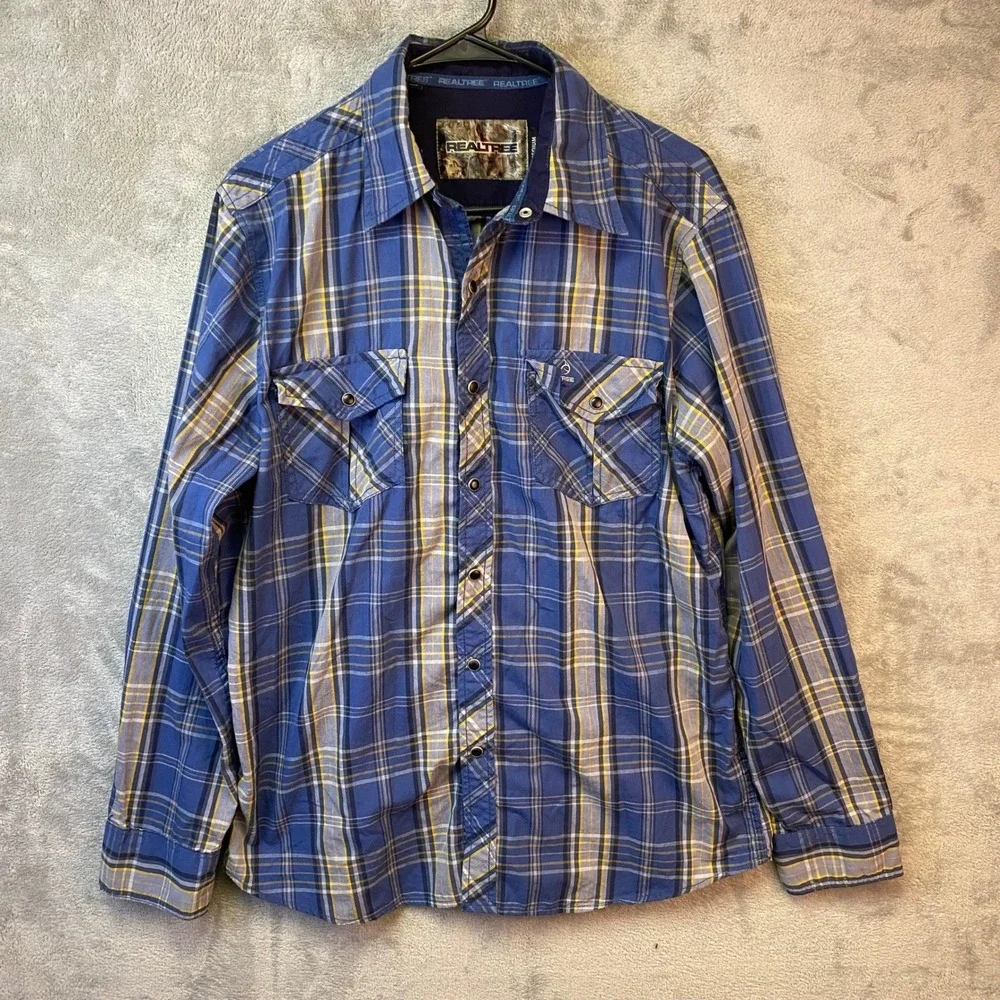 Realtree Mens Blue Plaid Long Sleeve Pearl Snap Western Shirt Medium Camo Trim